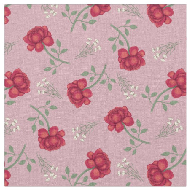 Red Roses on Pink Calico Fabric (Close Up)
