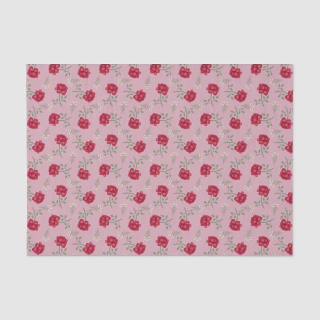 Red Roses on Pink Oversized Calico  Tissue Paper (Front)