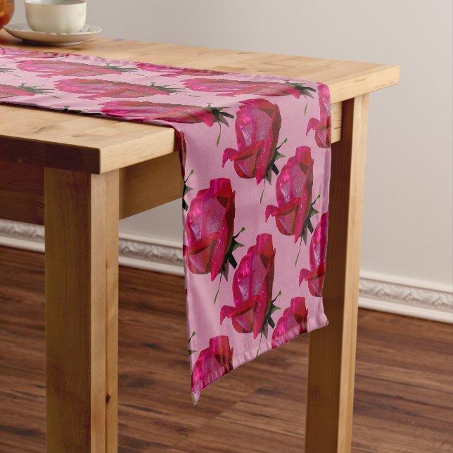 red roses on pink short table runner (In Situ)