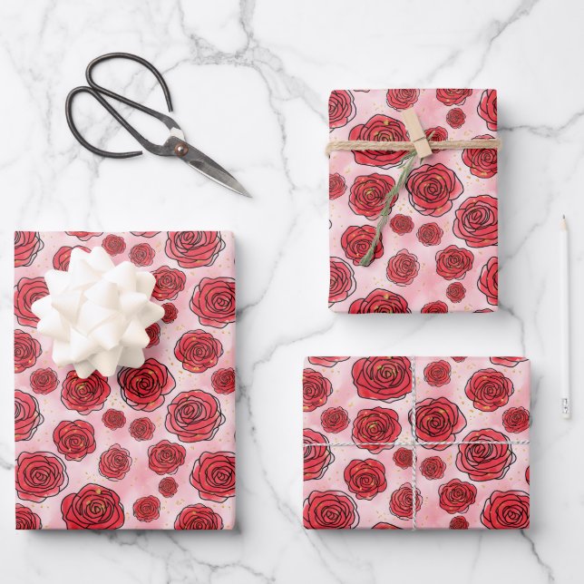 Red Roses on Pink Watercolor Pattern Wrapping Paper Sheet (Front)