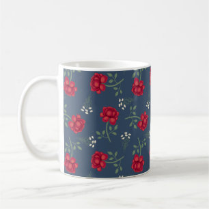 Red Roses on Slate Blue Oversized Calico Coffee Mug