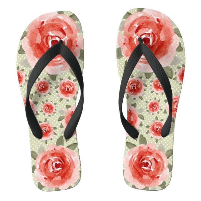 Red Roses on White and Lime Dots Flip Flops (Footbed)