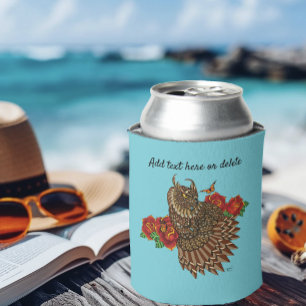 Red Roses Owl Blue Can Cooler