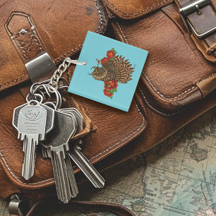 Red Roses Owl Blue Key Ring