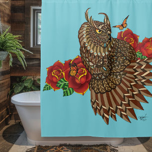 Red Roses Owl Blue Shower Curtain