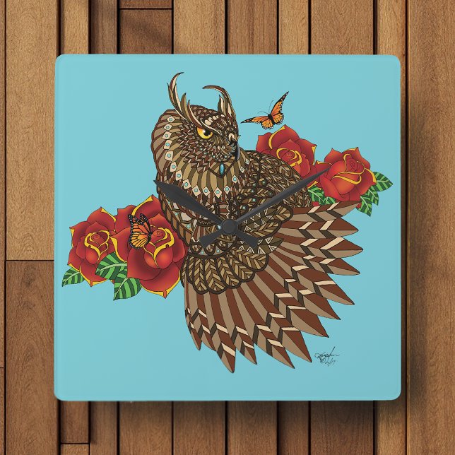 Red roses Owl Blue Square Wall Clock (Creator Uploaded)