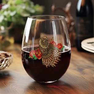 Red Roses Owl Blue Stemless Wine Glass
