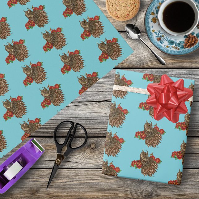 Red Roses Owl Blue Wrapping Paper (Creator Uploaded)