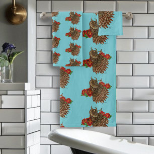 Red Roses Owl Brown Bath Towel Set