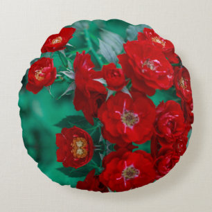 Red Roses Pale Green Leaves Round Cushion