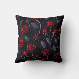 Red Roses Pattern 0n Blck Background Cushion
