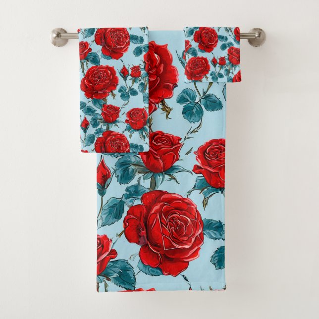 Red roses pattern bath towel set (Insitu)