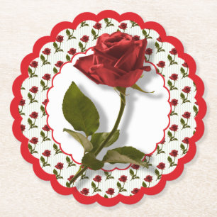 Red Roses Pattern - Floral Photography - Scalloped Paper Coaster