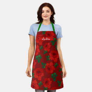 Red Roses Pattern Illustrated Floral Apron