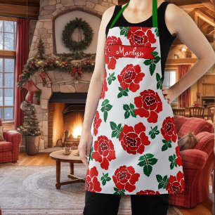 Red Roses Pattern Illustrated Floral Apron