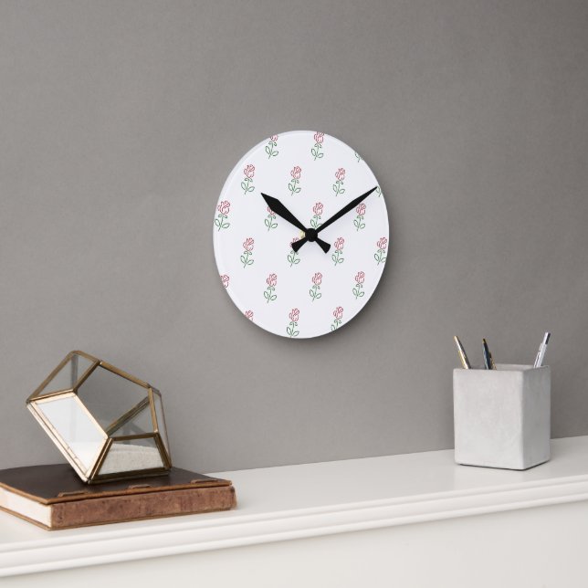 Red Roses, Pattern Of Roses, Flowers Round Clock (Office)