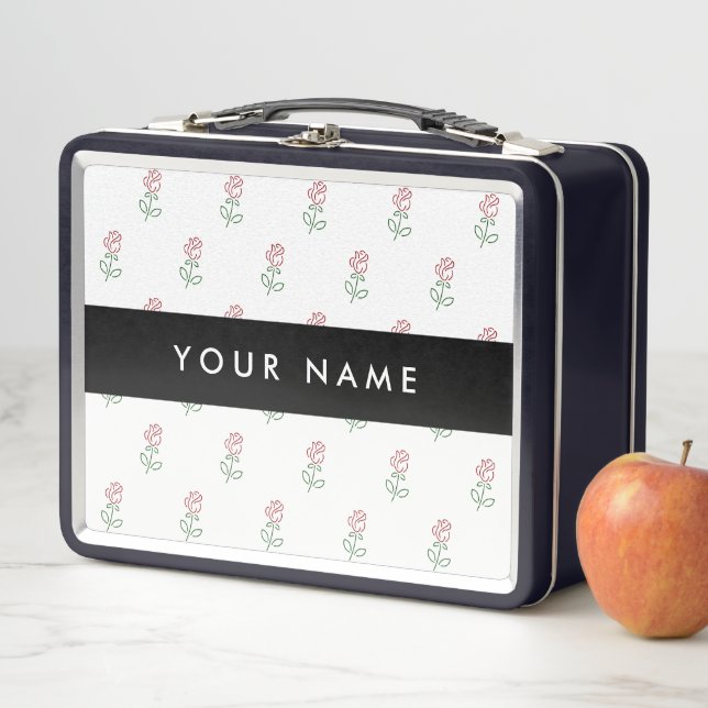 Red Roses, Pattern Of Roses, Your Name Metal Lunch Box (In Situ)