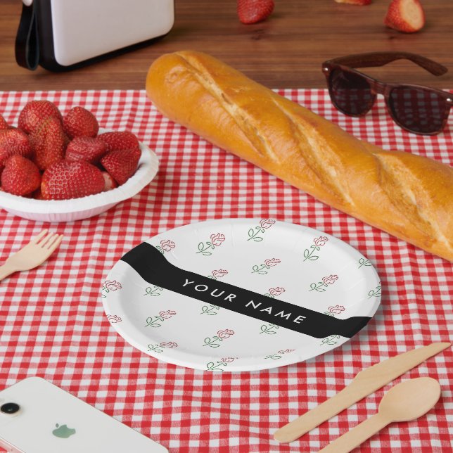 Red Roses, Pattern Of Roses, Your Name Paper Plate (Picnic)