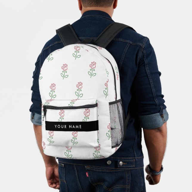 Red Roses, Pattern Of Roses, Your Name Printed Backpack (Insitu (Model))