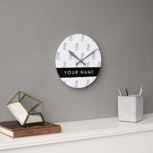 Red Roses, Pattern Of Roses, Your Name Round Clock