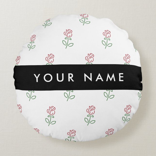Red Roses, Pattern Of Roses, Your Name Round Cushion (Front)
