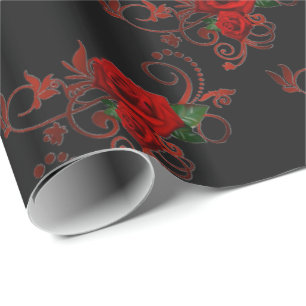 Red Roses Pattern Red and Black Wrapping Paper