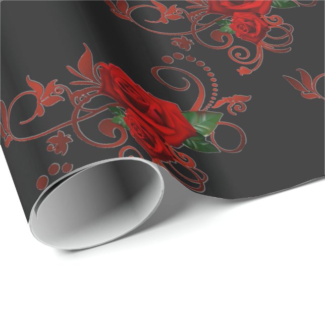 Red Roses Pattern Red and Black Wrapping Paper (Roll Corner)