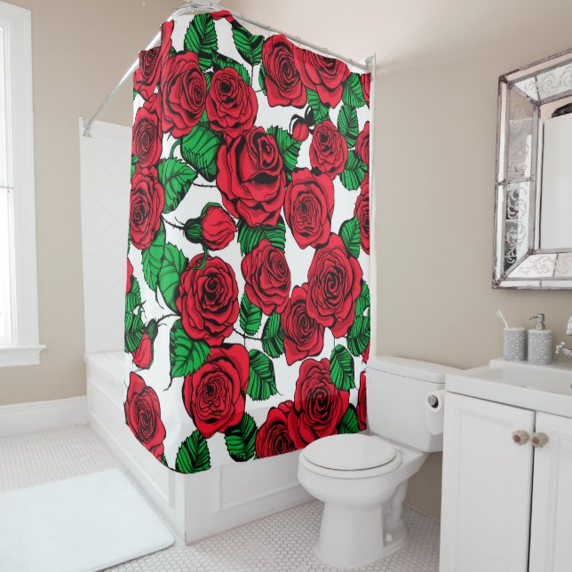 Red roses pattern shower curtain (In Situ)