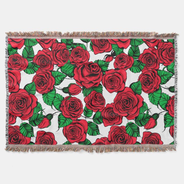 Red roses pattern throw blanket (Front)