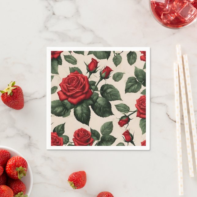 Red Roses Patterned Picnic or Party Napkins (Insitu)