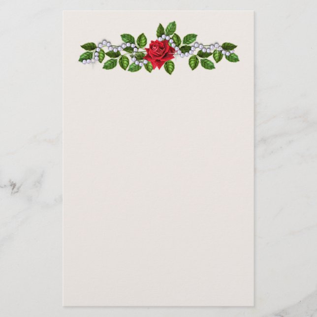 Red roses, pearls and leaves Stationery (Front)
