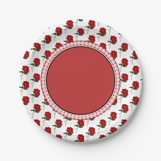 Red Roses & Pearls Elegant Floral Wedding Party Paper Plate (Front)