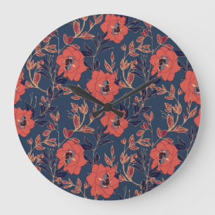 Red Roses Peonies Dark Background Large Clock