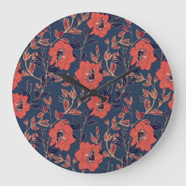 Red Roses Peonies Dark Background Large Clock (Front)