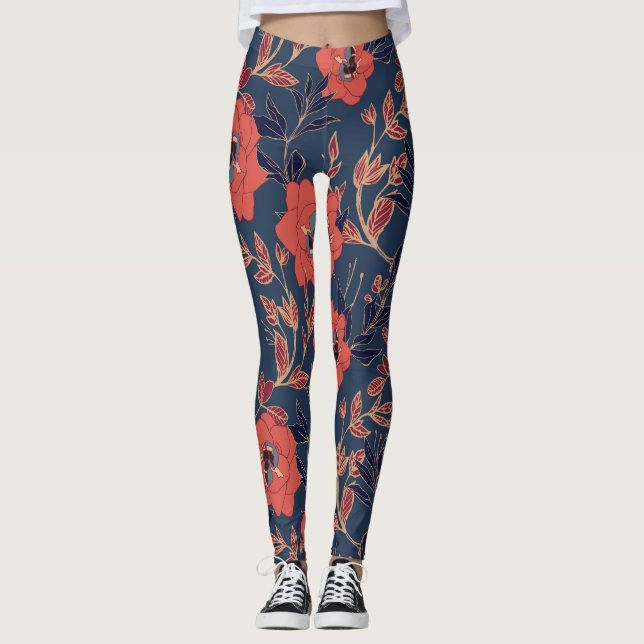 Red Roses Peonies Dark Background Leggings (Front)