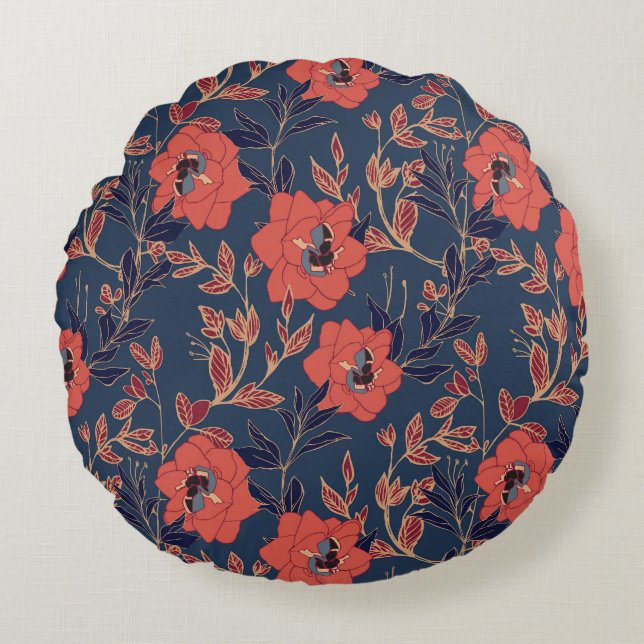 Red Roses Peonies Dark Background Round Cushion (Front)