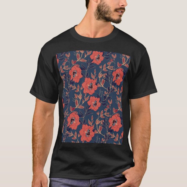 Red Roses Peonies Dark Background T-Shirt (Front)