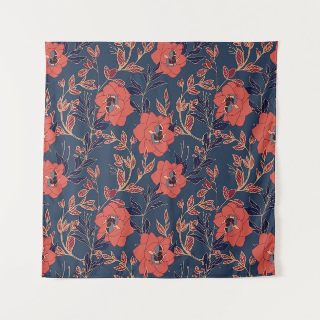 Red Roses Peonies Dark Background Tapestry (Front)
