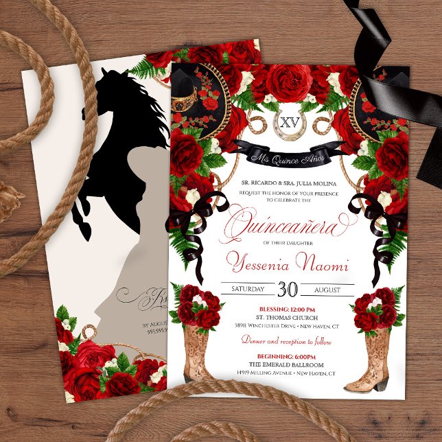 Red Roses Peonies Rustic Western Charra QuinceAnos Invitation (Creator Uploaded)