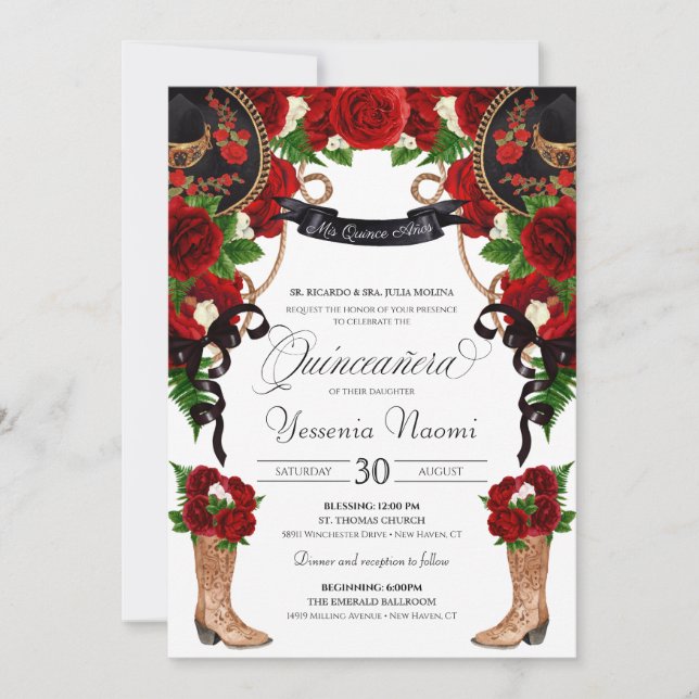 Red Roses & Peonies Western Charro Quinceanera Inv Invitation (Front)