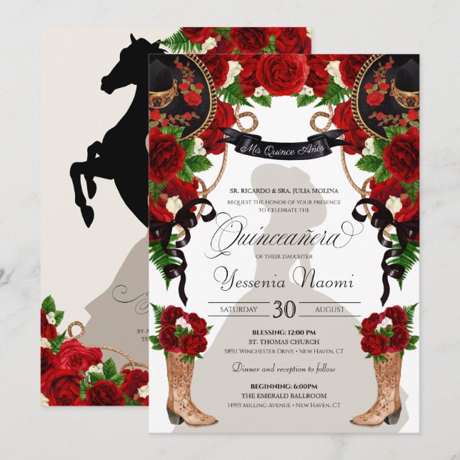 Red Roses & Peonies Western Charro Quinceanera Invitation (Front/Back)