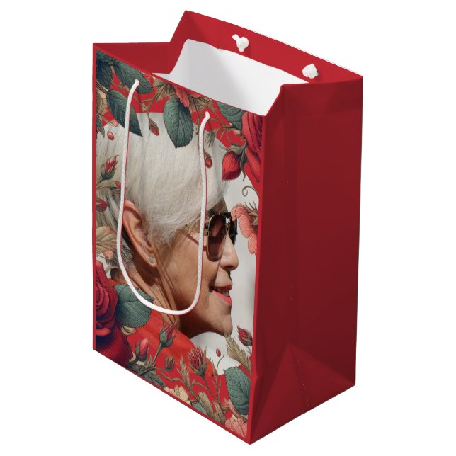 Red Roses PHOTO Memorial Keepsake Sentimental Medium Gift Bag (Front Angled)