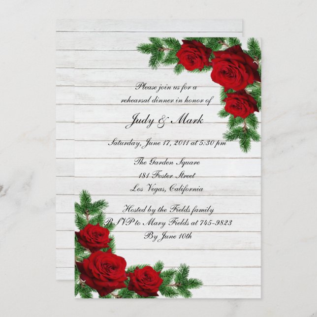 Red Roses & Pine Branch Christmas Rehearsal Dinner Invitation (Front/Back)