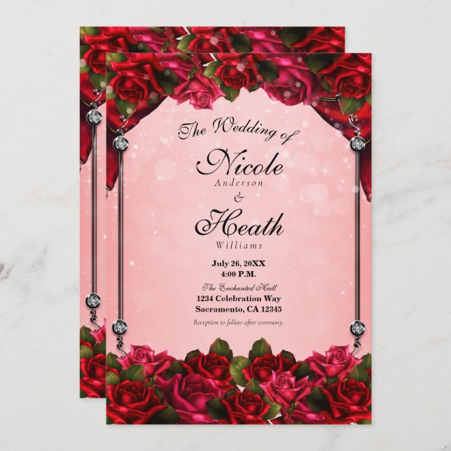 Red Roses & Pink Glam Wedding Invitation (Front/Back)