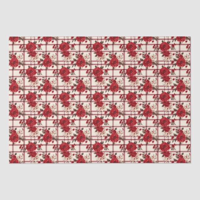 Red roses plaid white flowers tissue paper (Front)