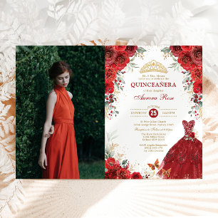 Red Roses Quinceañera Mis Quince Anos Photo Invitation