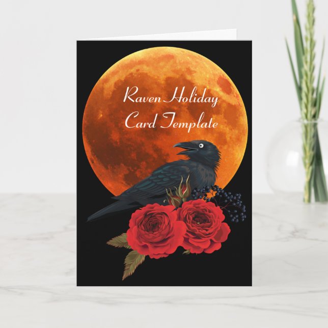 Red Roses Raven Moon Halloween Cards (Front)