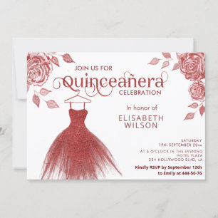 Red roses red glitter dress Quinceañera Invitation
