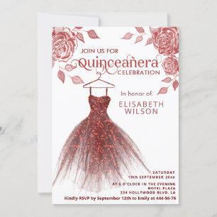 Red roses red glitter dress Quinceañera Invitation