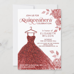 Red roses red glitter dress Quinceañera Invitation